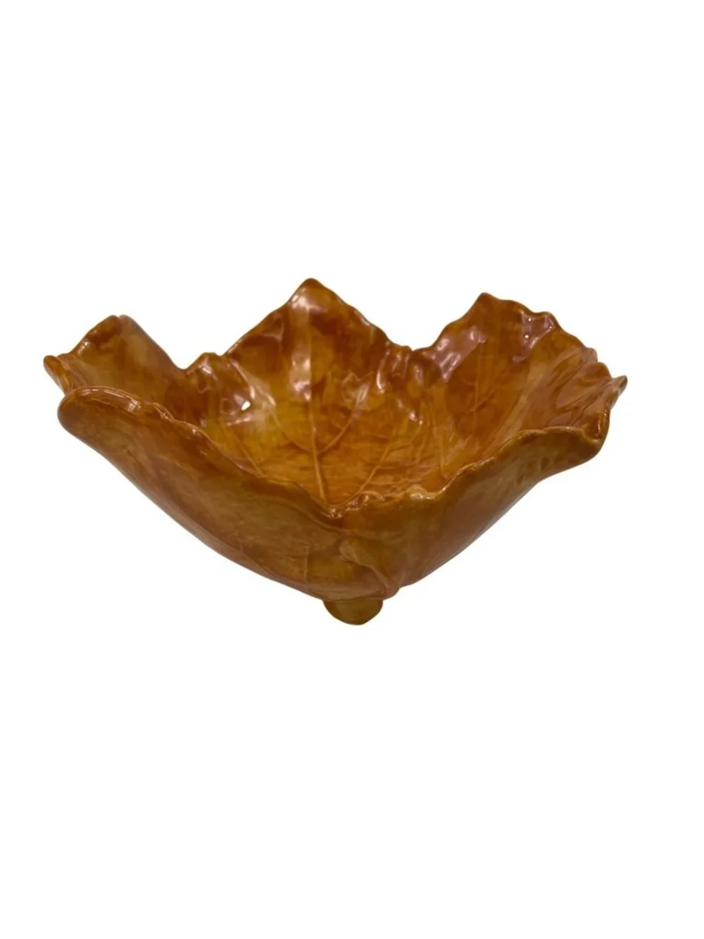 Handcrafted Vintage Leaf-Shaped Pottery Bowl With Pedestal Feet